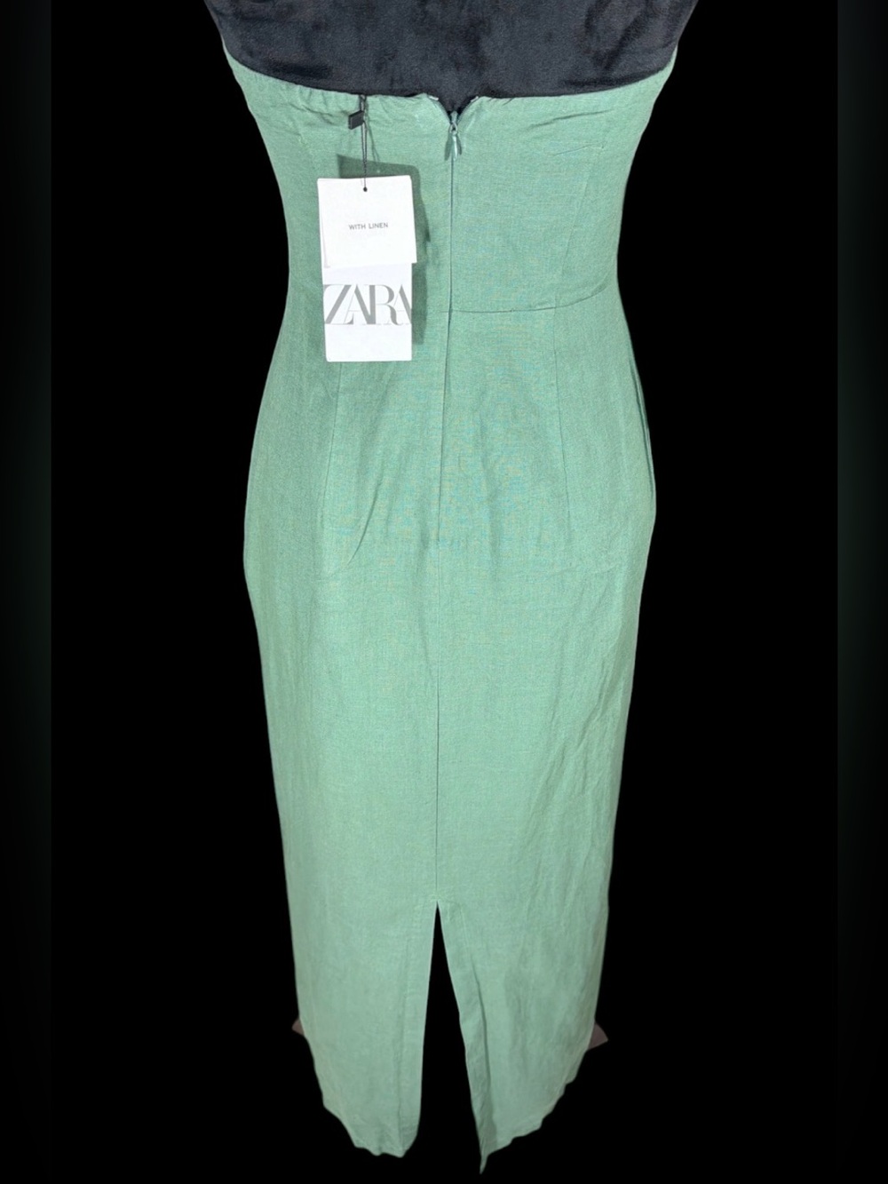 Zara Strapless Midi Dress in Sage Green with Linen - Picture 3 of 4
